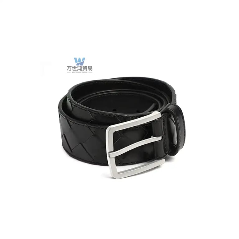 Black woven leather belt with a silver square buckle on a white background.