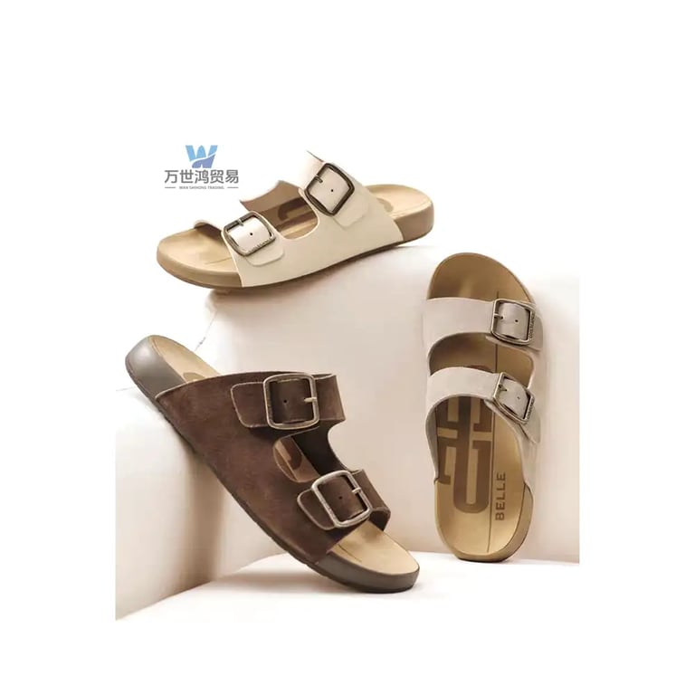 Stylish cork-soled slide sandals for men and women with adjustable double buckle straps in brown and cream.