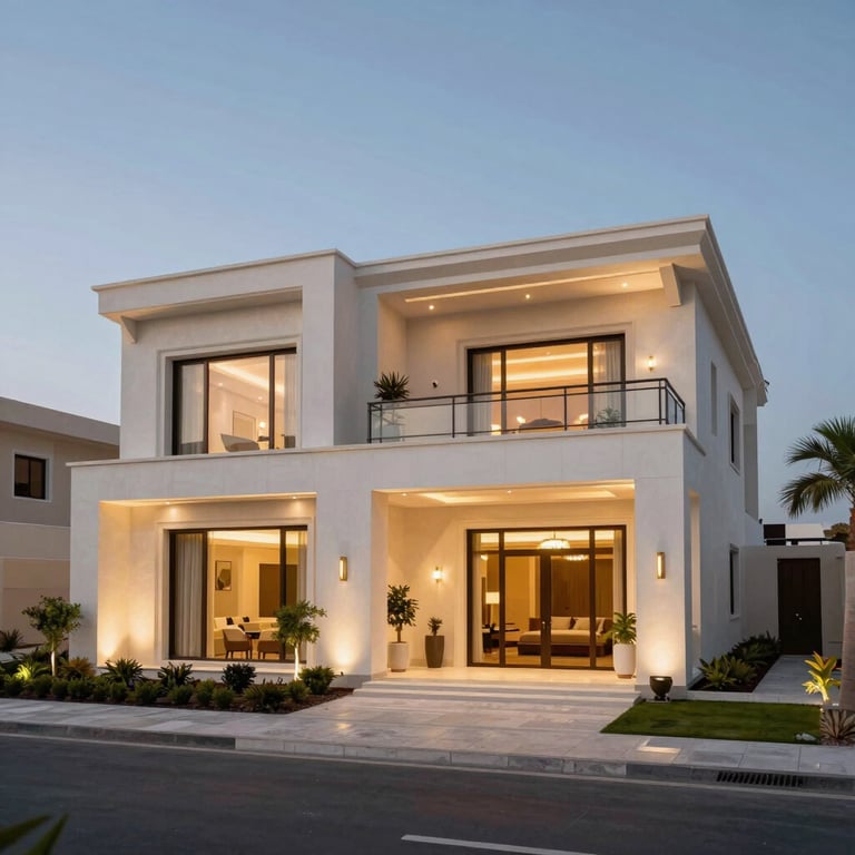 A luxury villa exterior in Ajman with modern architectural lighting and landscaping during twilight.