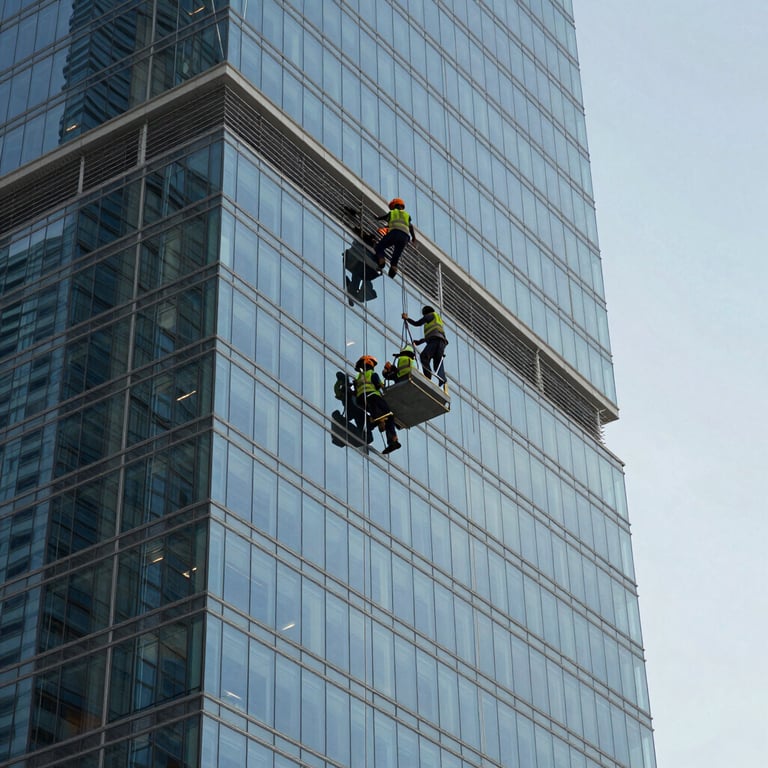 High-rise building maintenance crew working on a modern glass facade in Abu Dhabi.