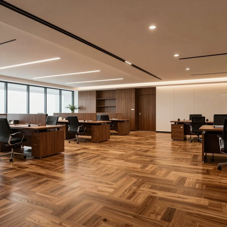 A premium office interior in Sharjah featuring custom wooden flooring and sleek false ceilings.