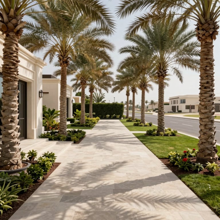 A completed landscaping project for a luxury estate in Ras Al Khaimah with palm trees and stone paths.