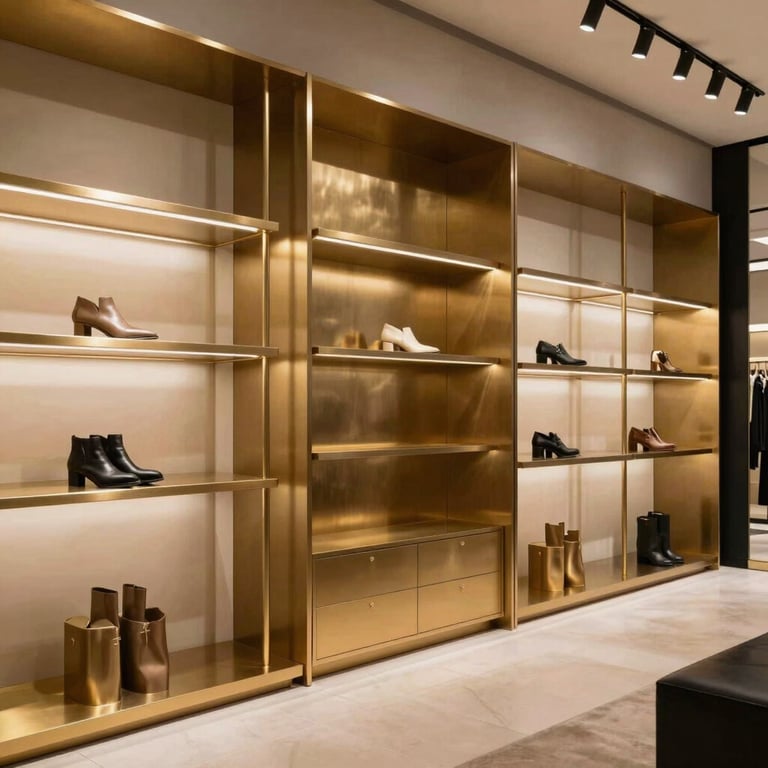 Interior fit-out of a high-end retail boutique with metallic gold accents and custom carpentry.
