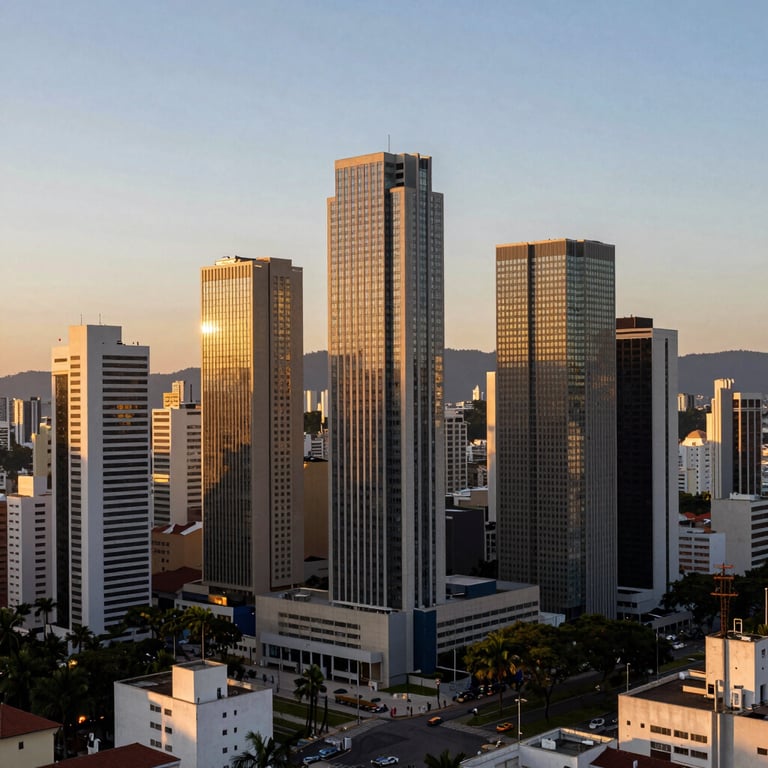Vista aérea de um distrito financeiro moderno na América do Sul ao entardecer, inspirando progresso.