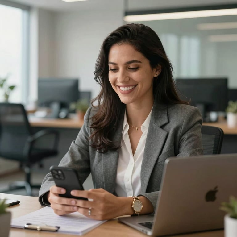 Brazilian professional sorrindo em uma entrevista de emprego virtual em um escritório moderno e iluminado.