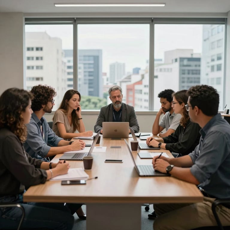 Grupo diverso de profissionais em uma reunião produtiva em uma sala de vidro em São Paulo.