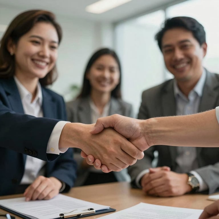 Pessoas apertando as mãos após uma negociação bem-sucedida, ambiente corporativo acolhedor.