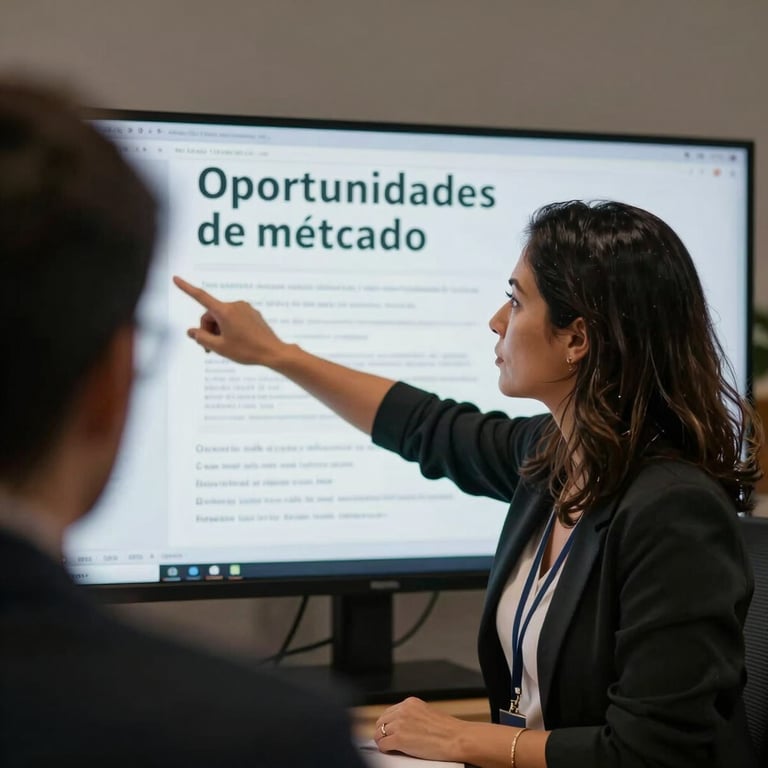 Uma mentora de carreira apontando para um monitor mostrando oportunidades de mercado, luz suave.