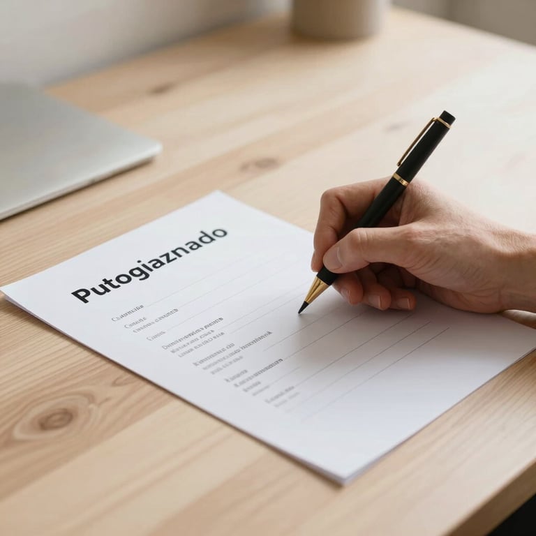 Mãos organizando um currículo atualizado sobre uma mesa de madeira clara, estilo minimalista.