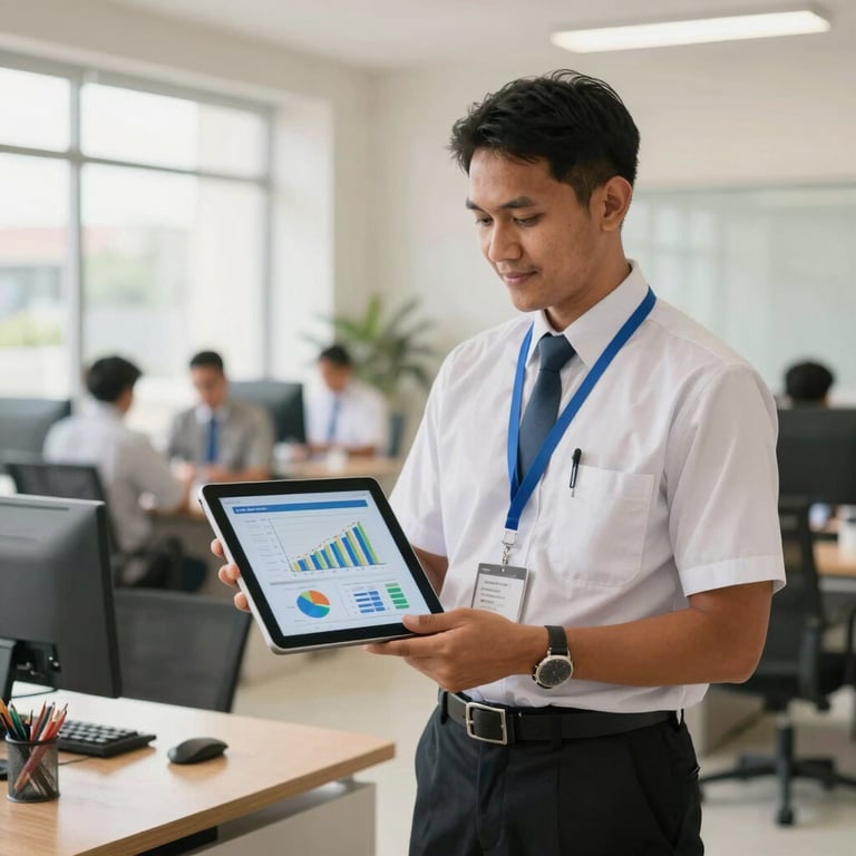 A professional Indonesian bank officer holding a digital tablet showing financial growth charts, bright modern office setting, warm tones