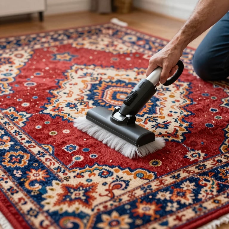 Expert carpet cleaning on a patterned silk rug, vibrant colors restored, professional equipment visible.