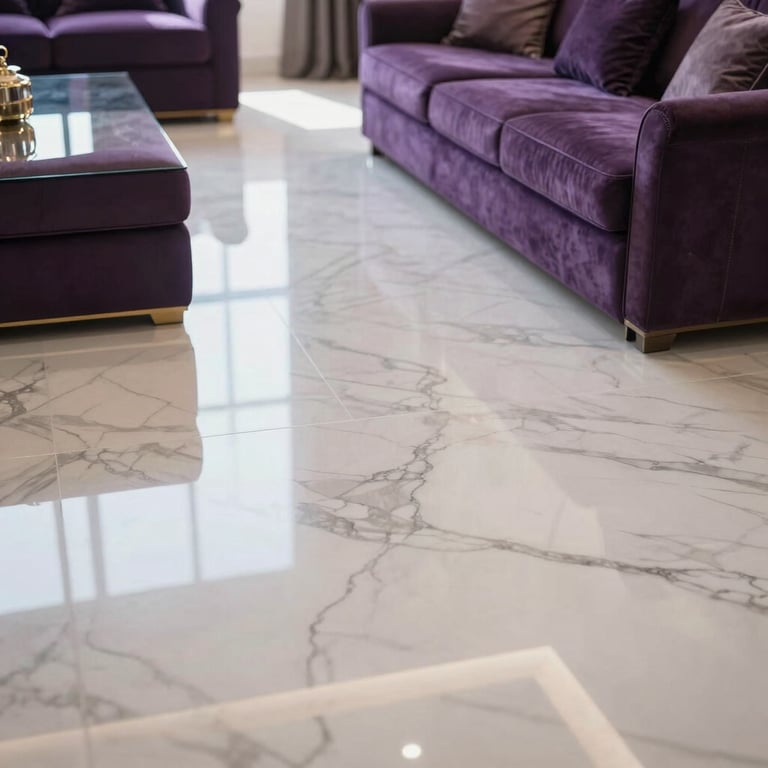 A sparkling clean luxury living room in Al Ain, marble floors reflecting light, elegant purple cushions.