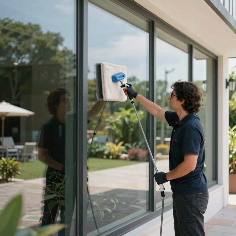 Outdoor shot of spotless glass windows reflecting a beautiful Gulf garden, professional cleaning service.