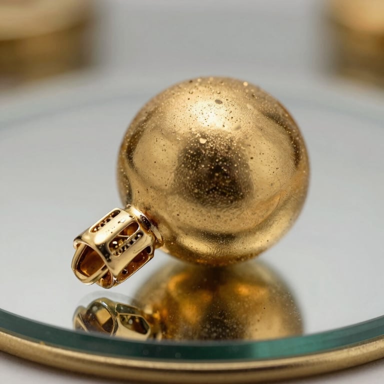 Detailed macro shot of a dust-free gold ornament on a glass table, premium cleaning results.