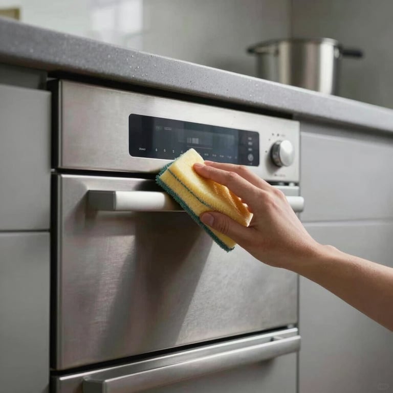 Deep cleaning of a high-end kitchen with stainless steel appliances glowing under soft gray lighting.