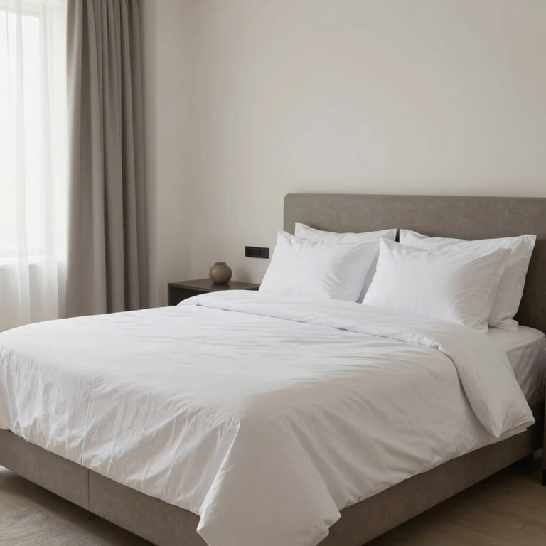 Wide shot of a sanitized and organized modern bedroom in a Middle Eastern / Gulf home, crisp white linens.