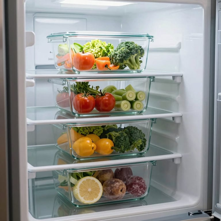 Neatly stacked glass meal prep containers in a bright, clean home refrigerator, colorful fresh healthy food visible inside.