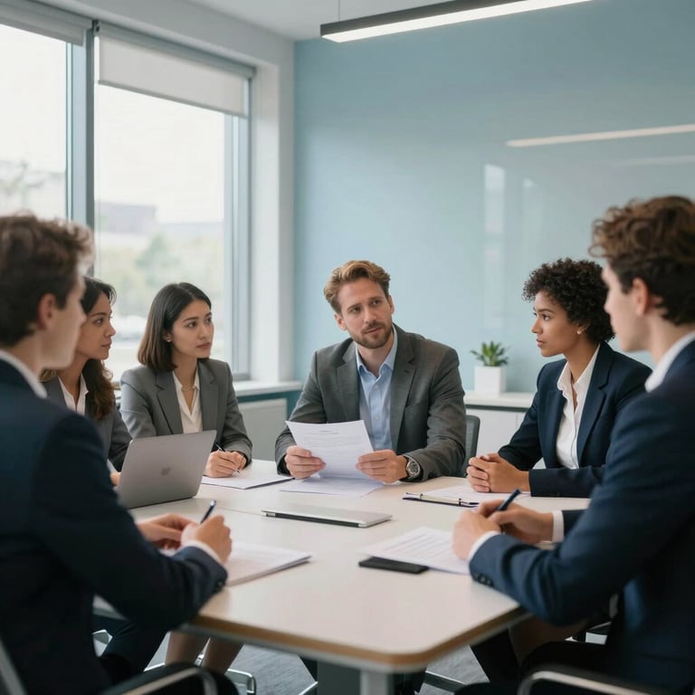 A diverse team of professionals in a bright, modern meeting room discussing security policies, soft morning light, alice blue walls.
