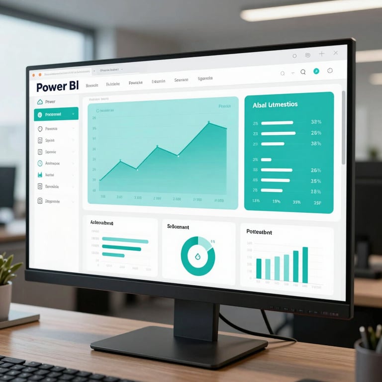 A wide-screen monitor showing a clean Power BI dashboard with soft teal and alice blue data visualizations in a high-end office.