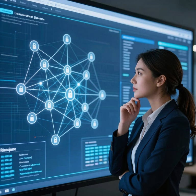A professional woman looking thoughtfully at a large digital screen displaying network diagrams and security nodes, steel blue background.