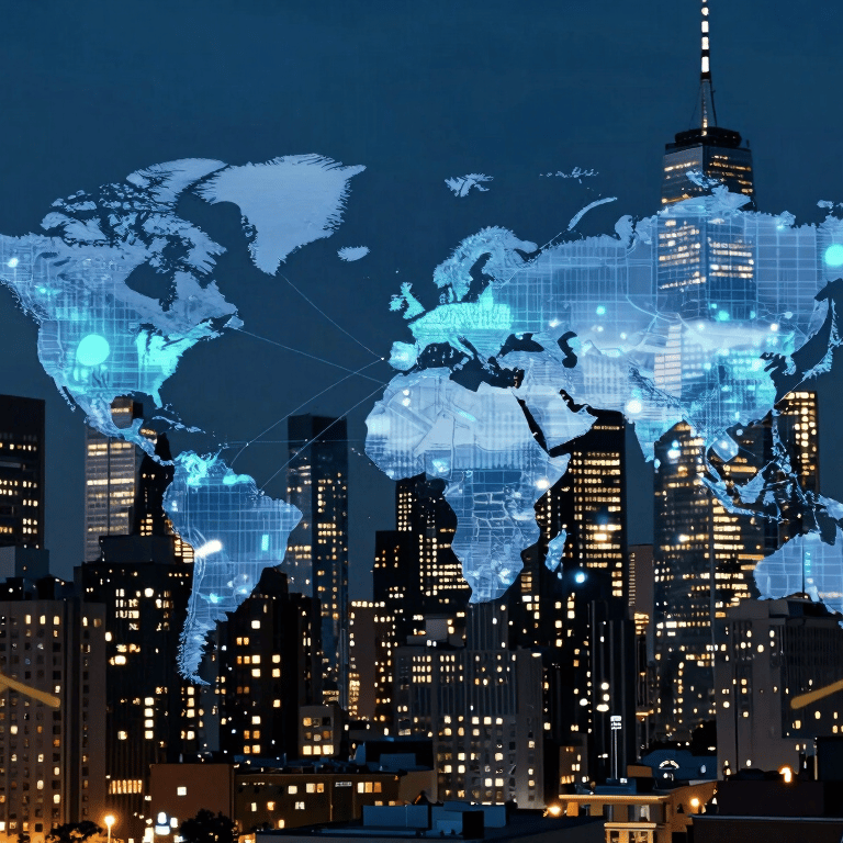 A close-up of a secure server rack in a data center with steel blue and soft teal indicator lights reflecting off glass surfaces.