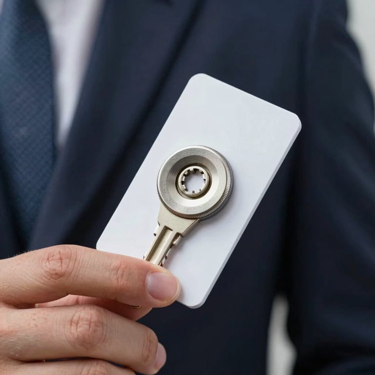 Macro shot of a high-tech security token or biometric key card held by a professional in a dark navy suit.