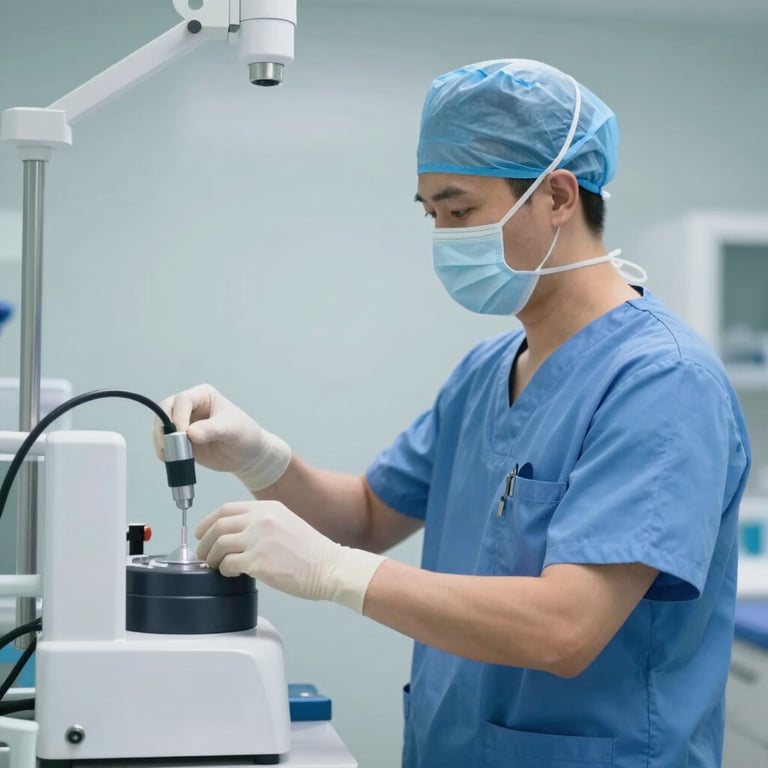 Medical professional wearing #1A2B3B scrubs adjusting clinical equipment with a focus on safety.