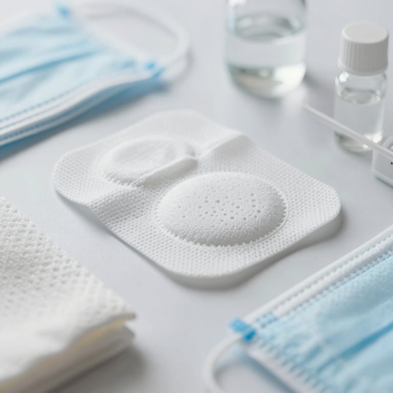Detailed macro shot of high-quality surgical dressings and medical supplies in a clean arrangement.
