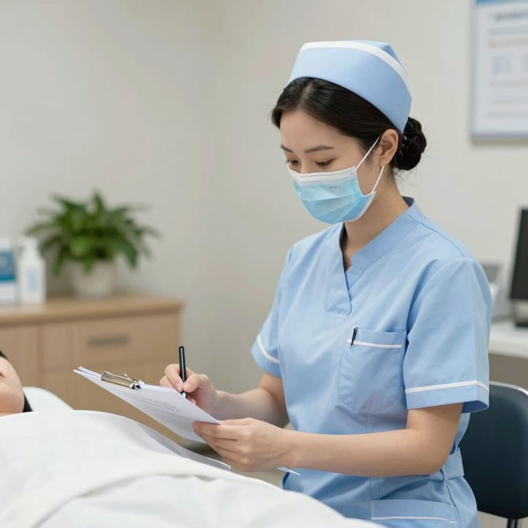 A nurse preparing a healing treatment plan in a sophisticated, calm medical office.