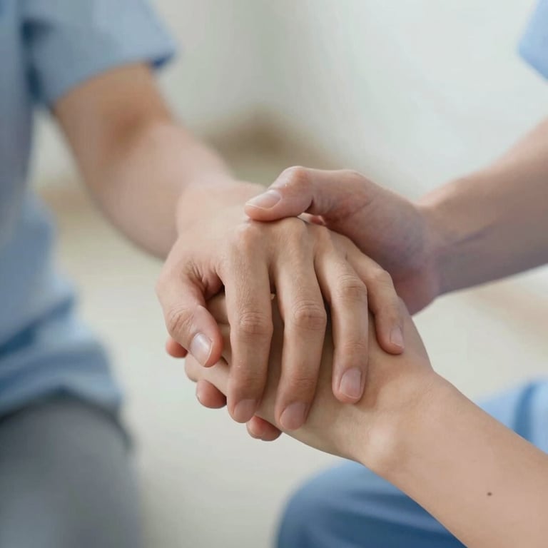 A supportive hand-holding gesture between a patient and a caregiver, conveying empathy and trust.