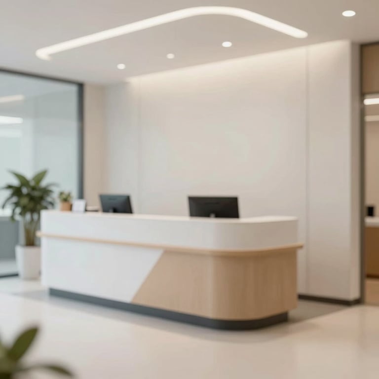 A bright, clinical-chic reception area with a soothing atmosphere and professional lighting.