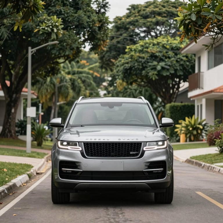 Front view of a sleek executive SUV driving through a high-end Brazilian residential neighborhood with lush green trees in the background.