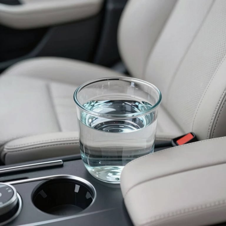 Close-up of premium hospitality details inside the car: chilled water, leather finishes, and a clean, minimalist interior.