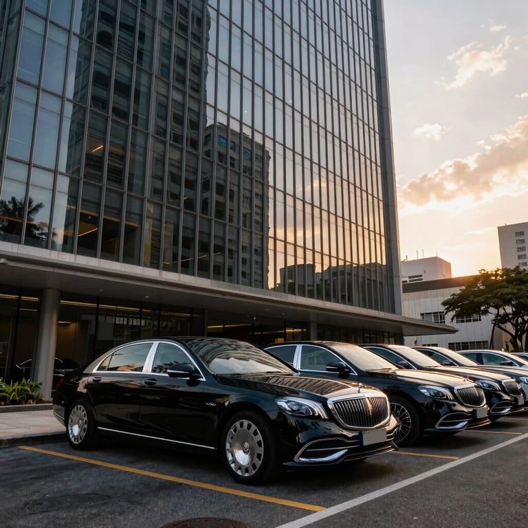 A fleet of black luxury executive sedans parked in front of a modern glass skyscraper in São Paulo during sunset, architectural photography style.