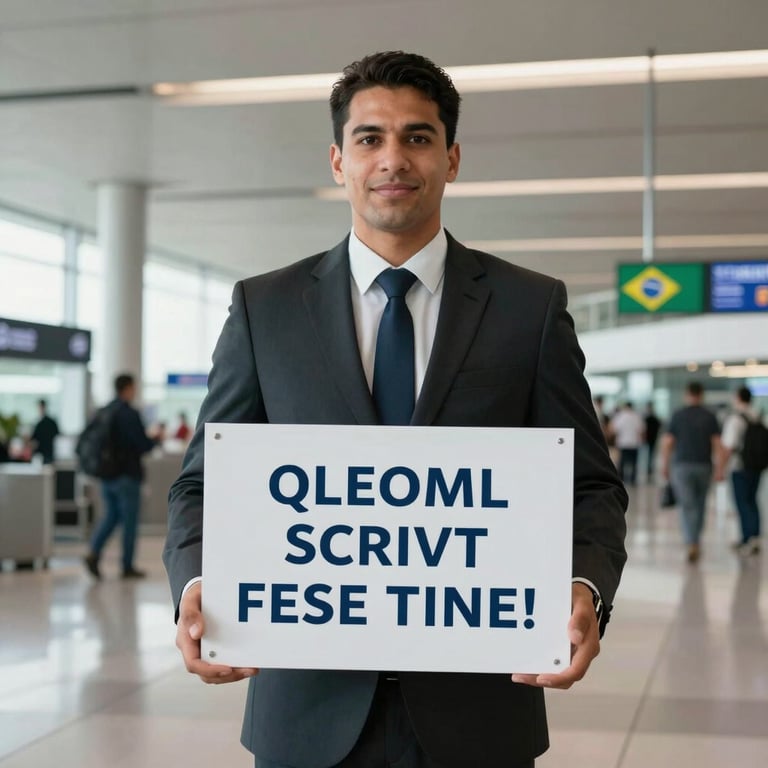 A chauffeur holding a customized greeting sign at a modern airport terminal in Brazil, wearing a dark suit and professional expression.