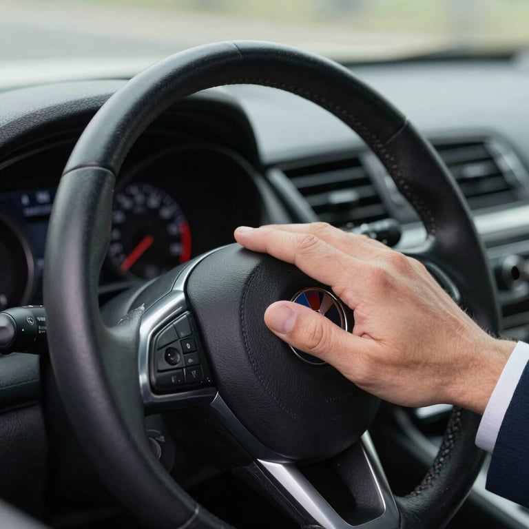 Detail shot of a professional driver's hand on a leather steering wheel, wearing a suit sleeve, indicating precision and care.