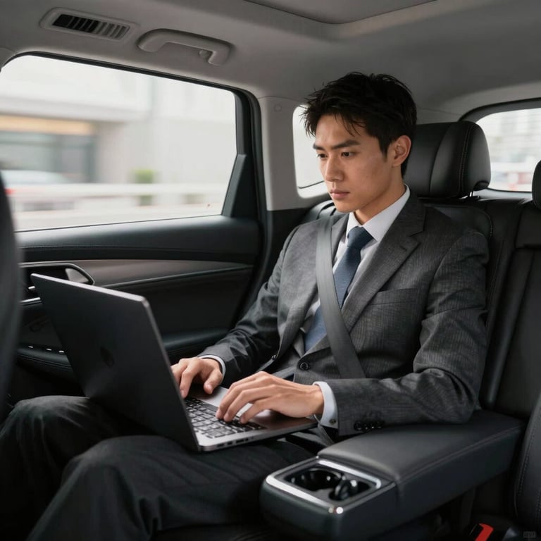 A passenger comfortably working on a laptop in the spacious back seat of a premium car, soft interior lighting, professional business atmosphere.