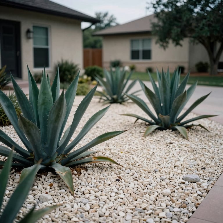 A modern xeriscape garden with dark green agave and off-white gravel in a Texas suburb.