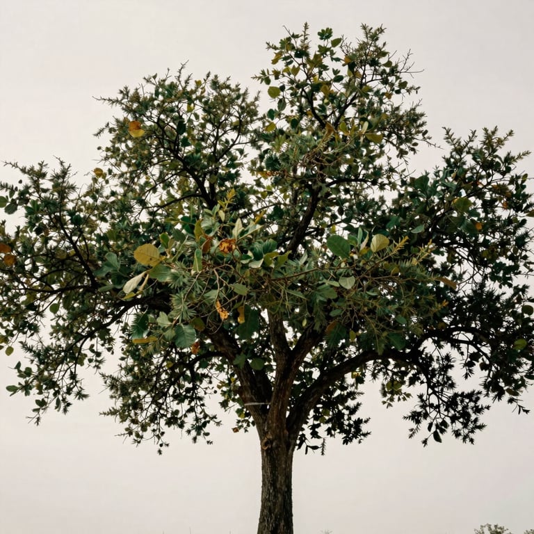 A beautifully trimmed canopy of a native Texas tree against a bright off-white sky.
