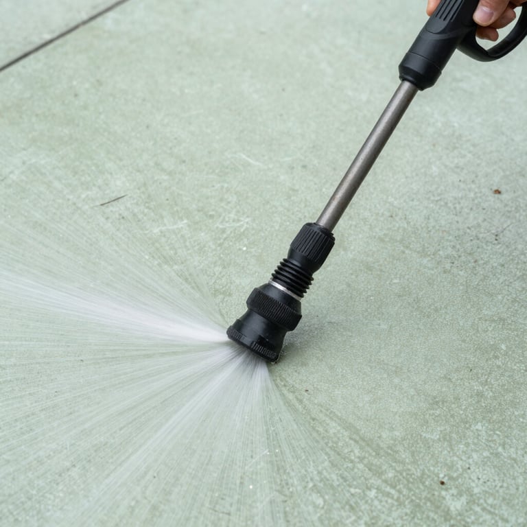 Close up of a pressure washer cleaning a light green concrete patio, revealing clean surfaces.