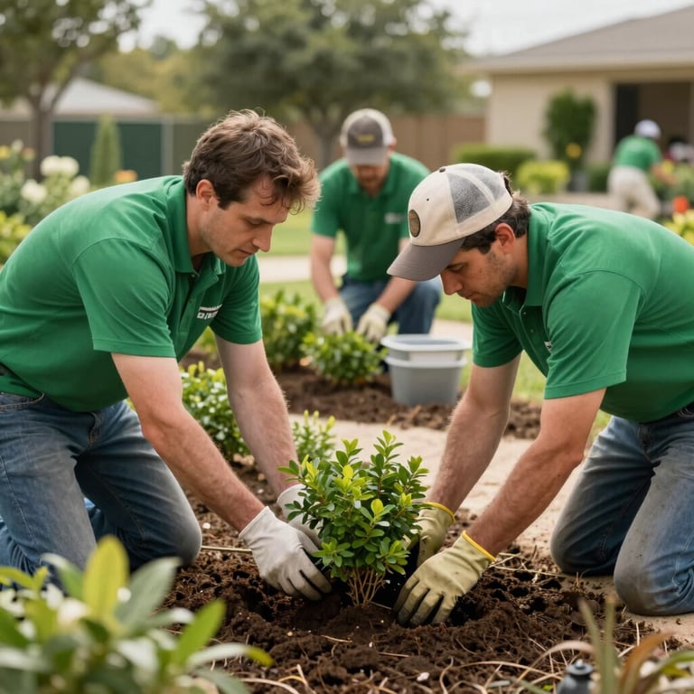 A professional landscaping crew in medium green shirts planting shrubs in a North American / US (Texas) garden.