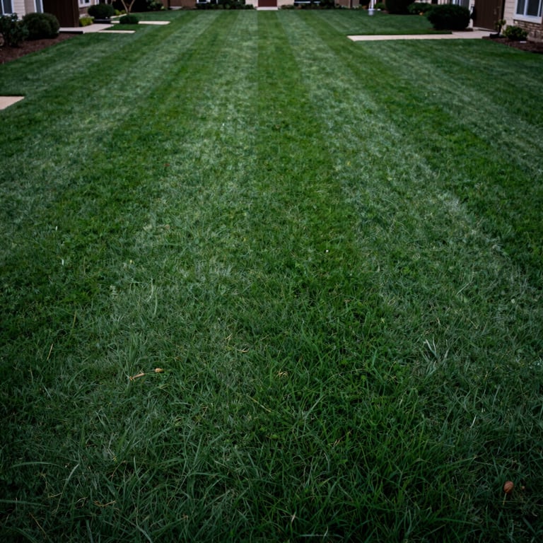 A lush, dark green residential lawn in Austin, Texas, perfectly mowed with straight lines.