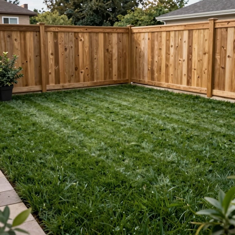 View of a freshly manicured backyard with a dark green lawn and a clean wooden fence.