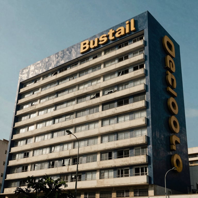 A modern educational hub facade in Rio de Janeiro, South American / Brazilian architecture, sunny day, dark blue and gold branding details.