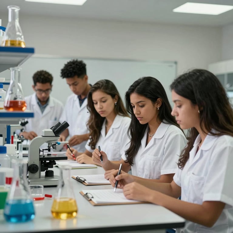 Diverse group of South American / Brazilian students collaborating in a modern chemistry lab with gold and steel blue accents.