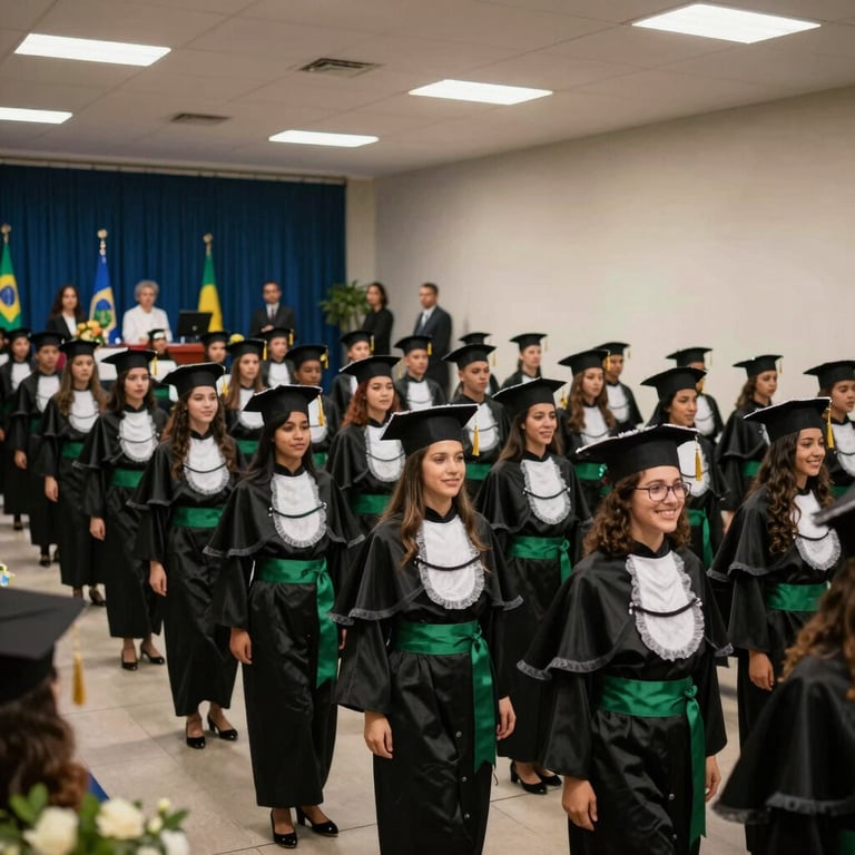 A wide-angle shot of a graduation ceremony in Brazil, happy graduates in gowns, professional lighting, celebratory and traditional mood.
