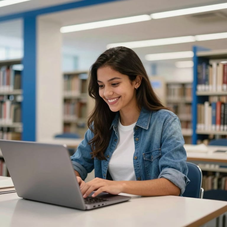 Smiling South American / Brazilian student using a laptop in a bright, modern library with steel blue and off-white interior design.
