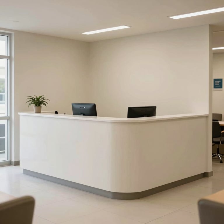 Spacious reception area of a technical school, professional and welcoming South American / Brazilian setting, minimalist off-white furniture.