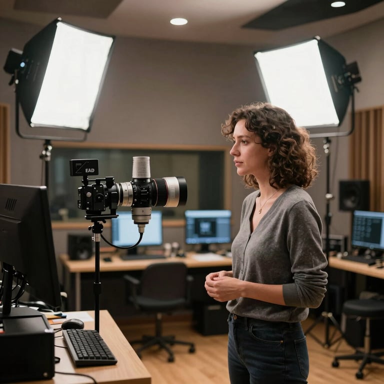 A teacher in a professional recording studio for EAD classes, high-tech lighting and equipment, innovative educational atmosphere.