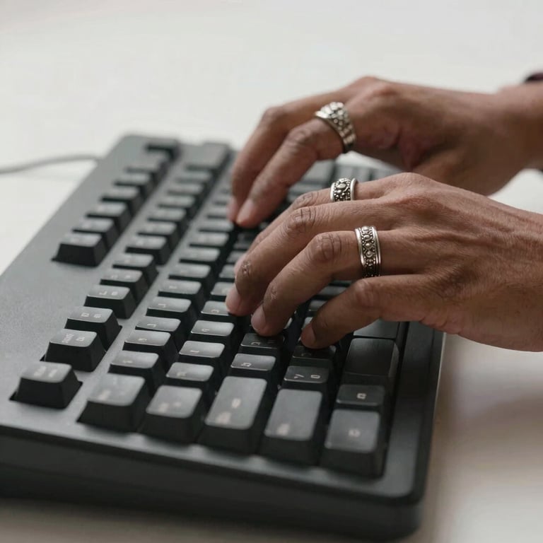A close-up of a person's hands typing on a mechanical keyboard, wearing traditional silver rings, in a minimalist South Asian studio.